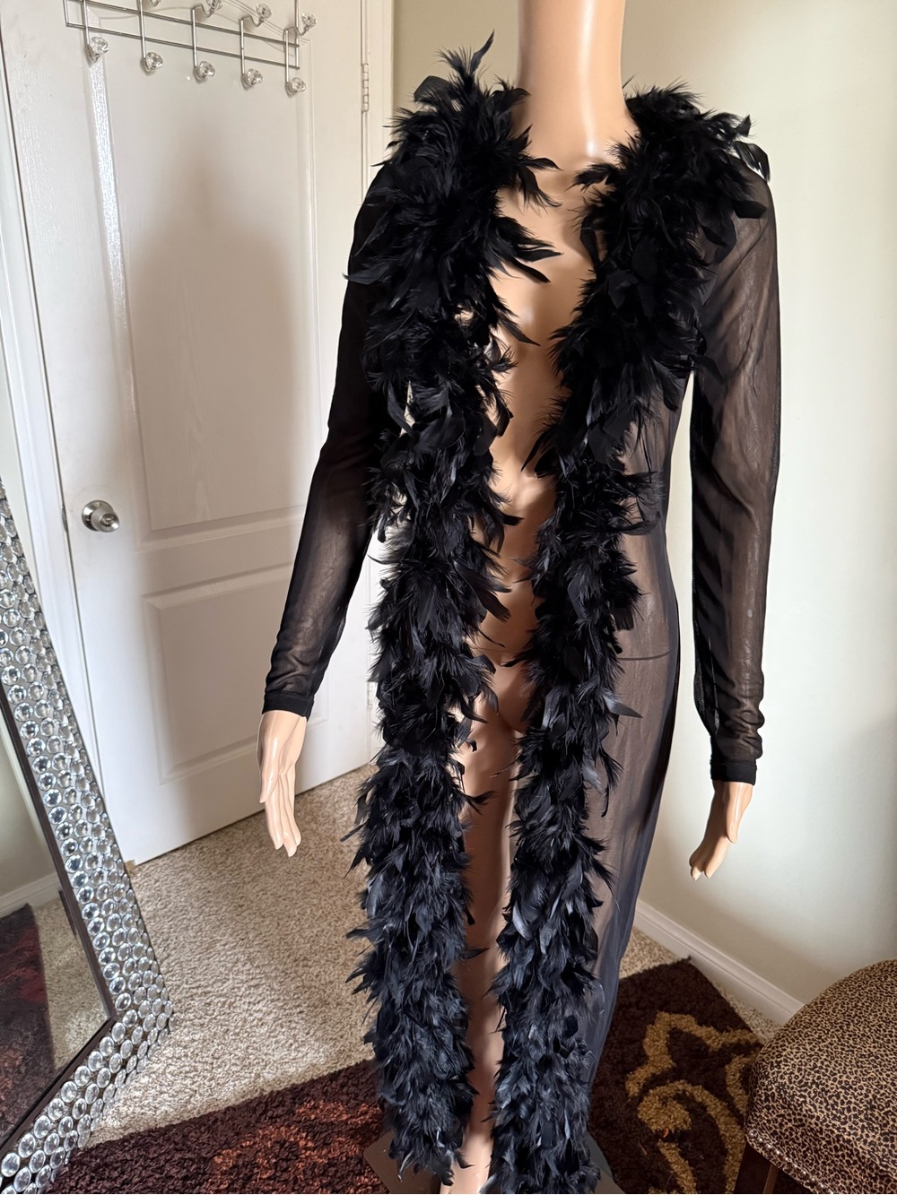 George Black Sheer Long Robe with ostrich Feather Boa Trim